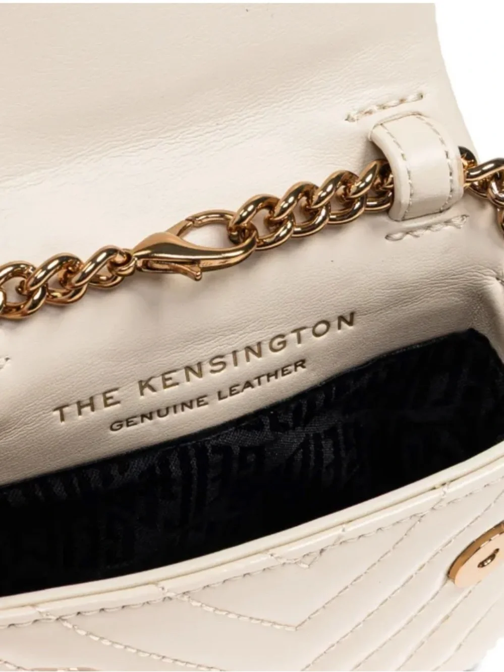 Kurt Geiger Cream Quilted Patent Crossbody with Gold Chain